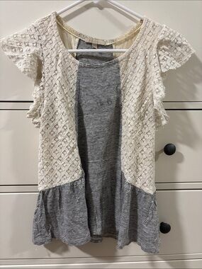 Bordeaux Cream Lace & Gray Striped Peplum Tunic